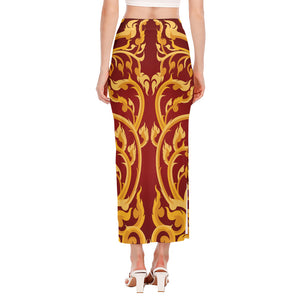 Thai Winding Vines Pattern Print Side Slit Maxi Skirt