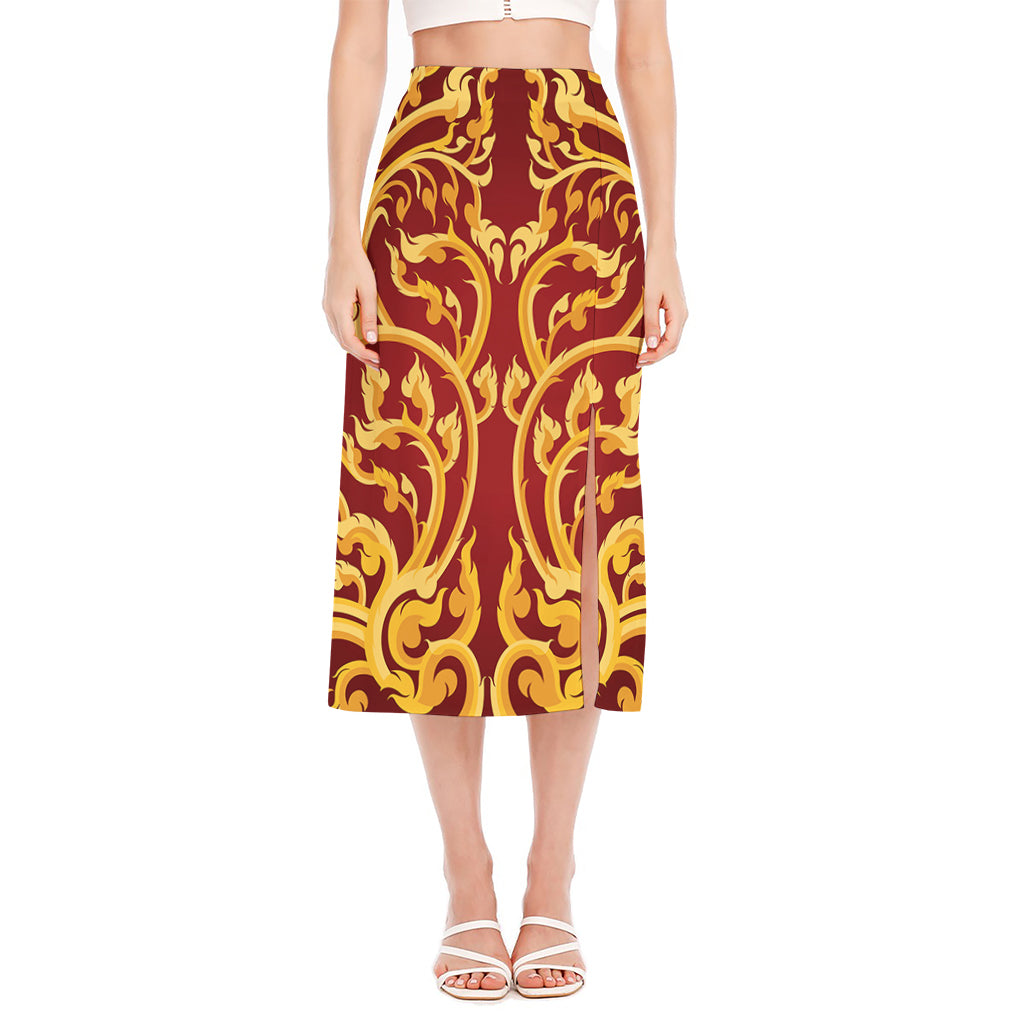 Thai Winding Vines Pattern Print Side Slit Midi Skirt