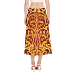 Thai Winding Vines Pattern Print Side Slit Midi Skirt