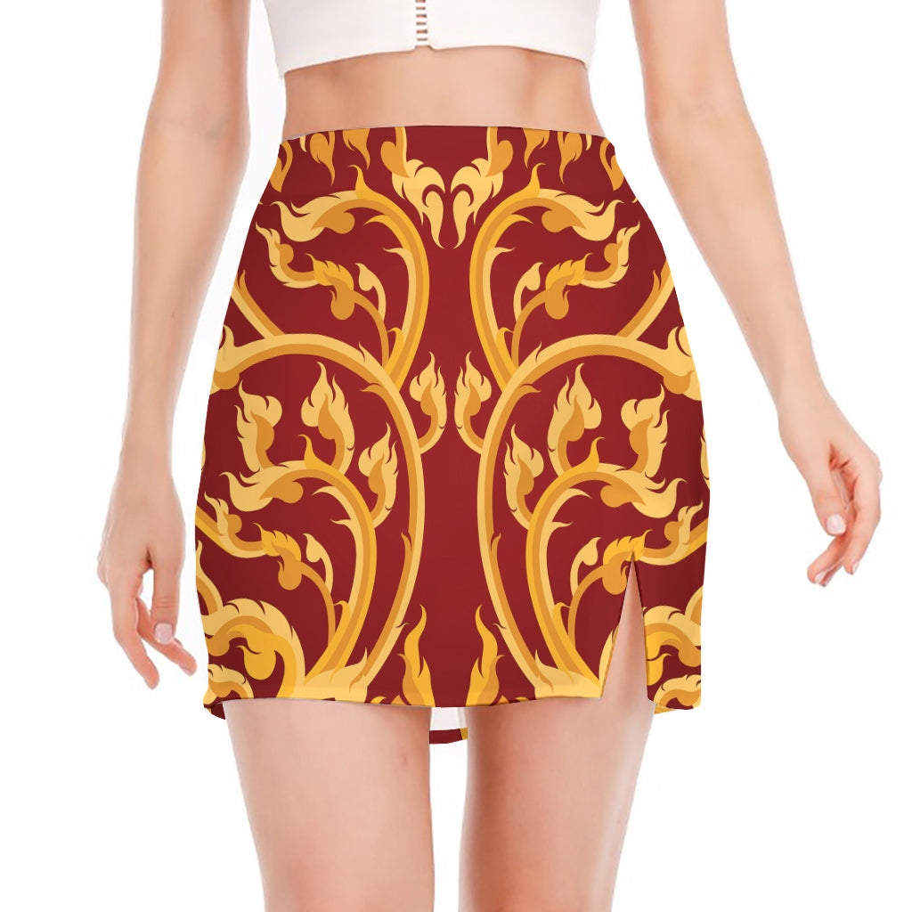 Thai Winding Vines Pattern Print Side Slit Mini Skirt