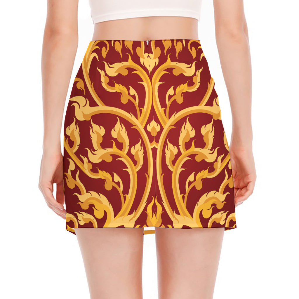 Thai Winding Vines Pattern Print Side Slit Mini Skirt