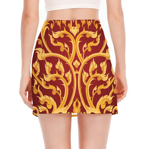 Thai Winding Vines Pattern Print Side Slit Mini Skirt