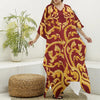 Thai Winding Vines Pattern Print Silk V-Neck Kaftan Dress