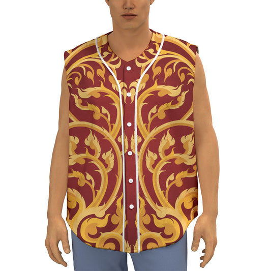 Thai Winding Vines Pattern Print Sleeveless Baseball Jersey