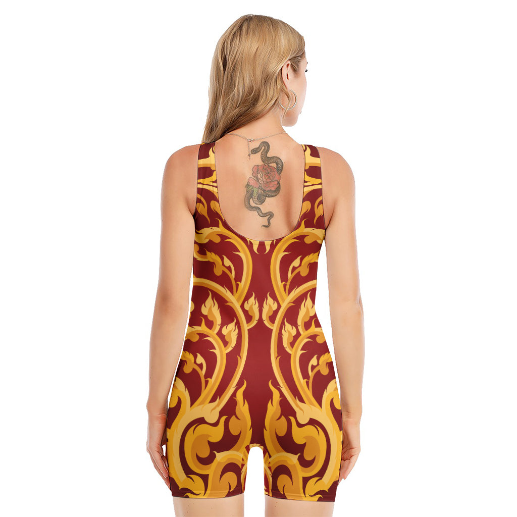 Thai Winding Vines Pattern Print Sleeveless One Piece Swimsuit