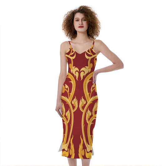 Thai Winding Vines Pattern Print Slim Fit Midi Cami Dress