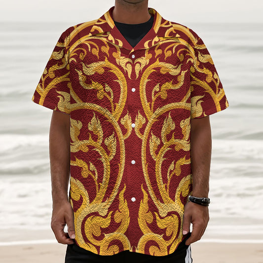 Thai Winding Vines Pattern Print Textured Short Sleeve Shirt