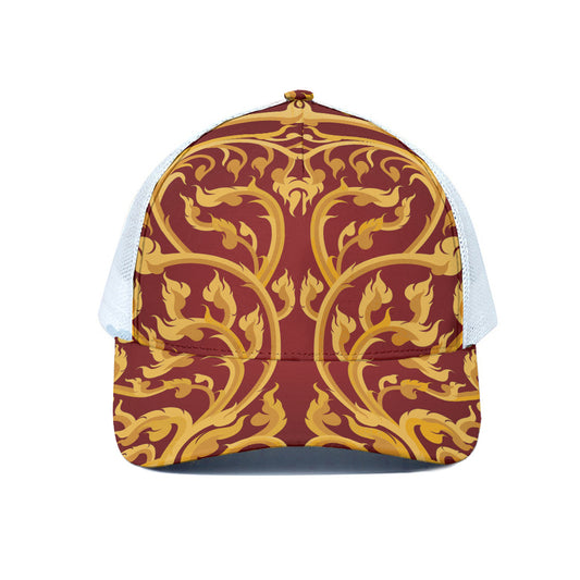 Thai Winding Vines Pattern Print White Mesh Trucker Cap