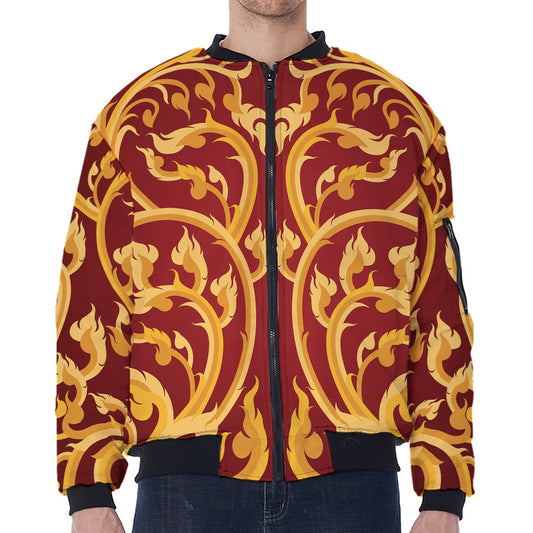 Thai Winding Vines Pattern Print Zip Sleeve Bomber Jacket