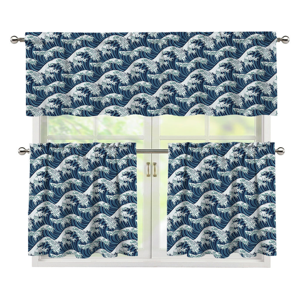 The Great Kanagawa Wave Pattern Print 3 Piece Kitchen Curtains