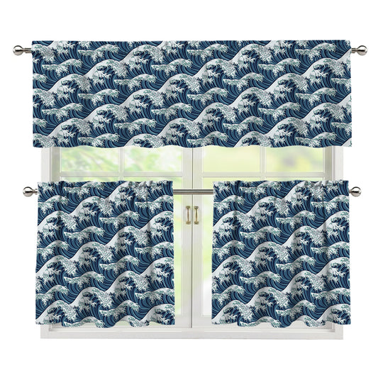 The Great Kanagawa Wave Pattern Print 3 Piece Kitchen Curtains