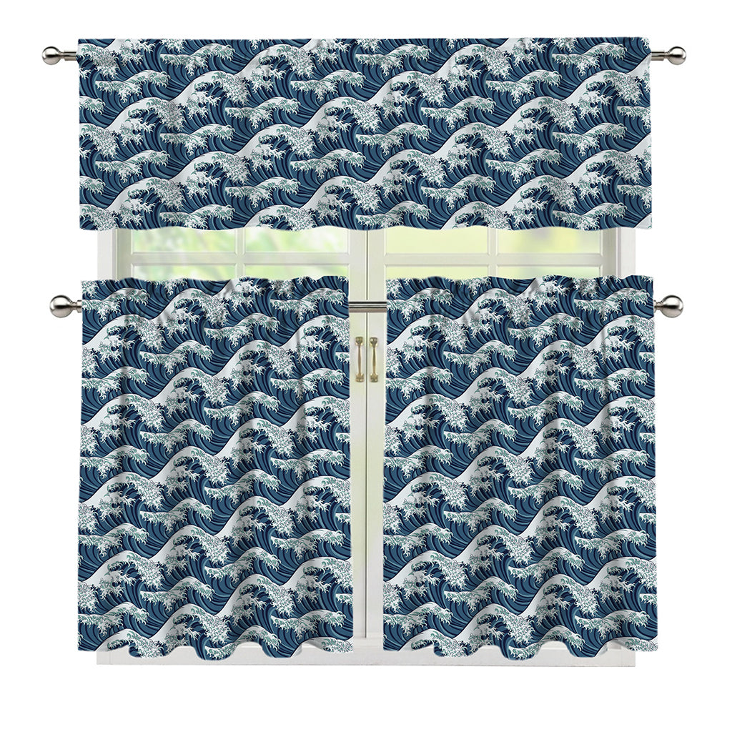 The Great Kanagawa Wave Pattern Print 3 Piece Kitchen Curtains