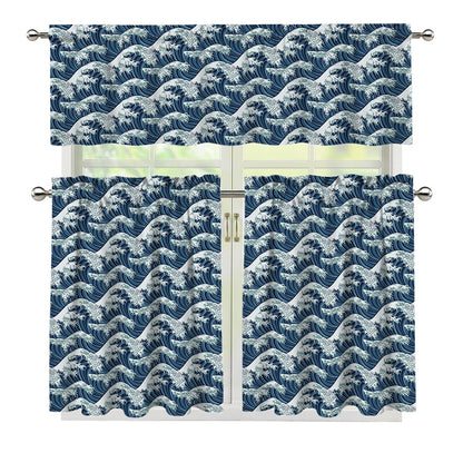 The Great Kanagawa Wave Pattern Print 3 Piece Kitchen Curtains