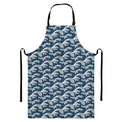 The Great Kanagawa Wave Pattern Print Bib Apron With Pocket