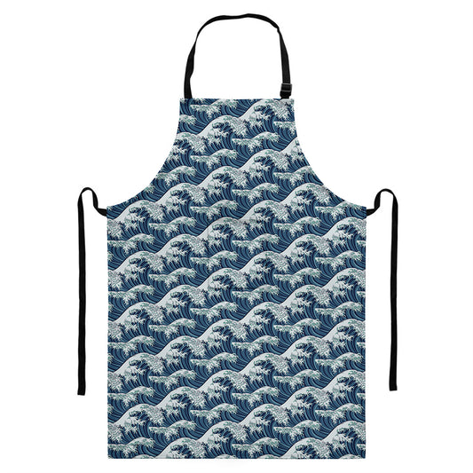 The Great Kanagawa Wave Pattern Print Bib Apron With Pocket