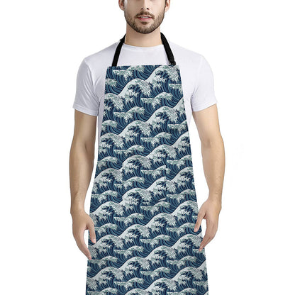 The Great Kanagawa Wave Pattern Print Bib Apron With Pocket