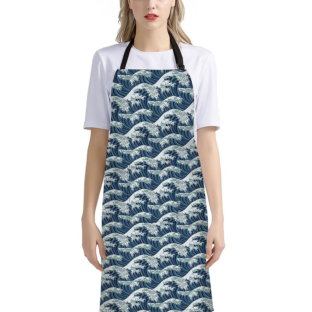 The Great Kanagawa Wave Pattern Print Bib Apron With Pocket
