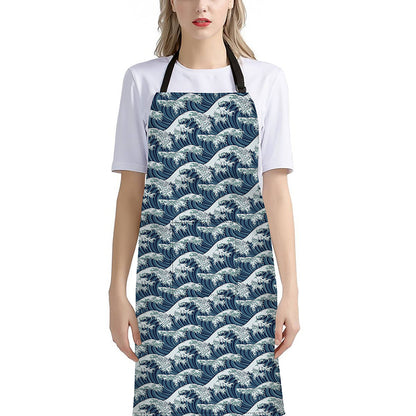 The Great Kanagawa Wave Pattern Print Bib Apron With Pocket