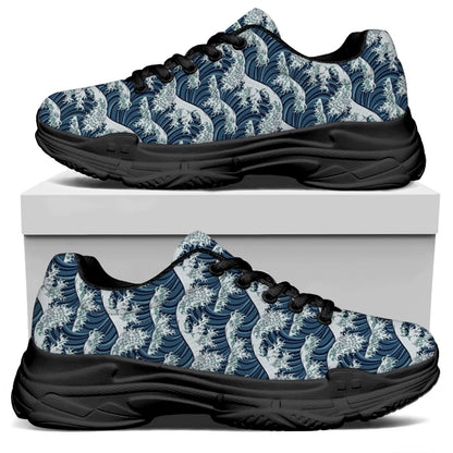 The Great Kanagawa Wave Pattern Print Black Chunky Shoes