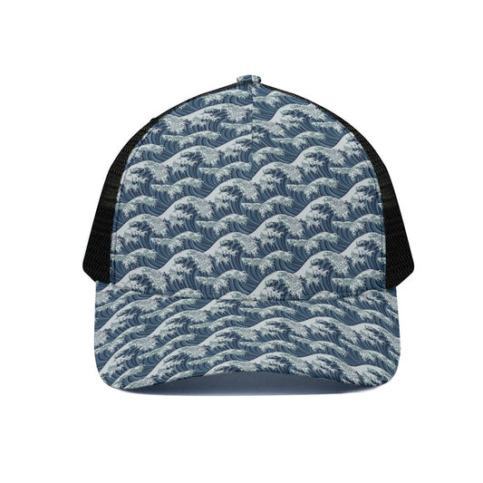 The Great Kanagawa Wave Pattern Print Black Mesh Trucker Cap