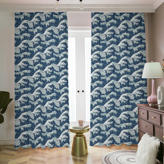 The Great Kanagawa Wave Pattern Print Blackout Pencil Pleat Curtains