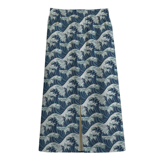 The Great Kanagawa Wave Pattern Print Cotton Front Slit Maxi Skirt