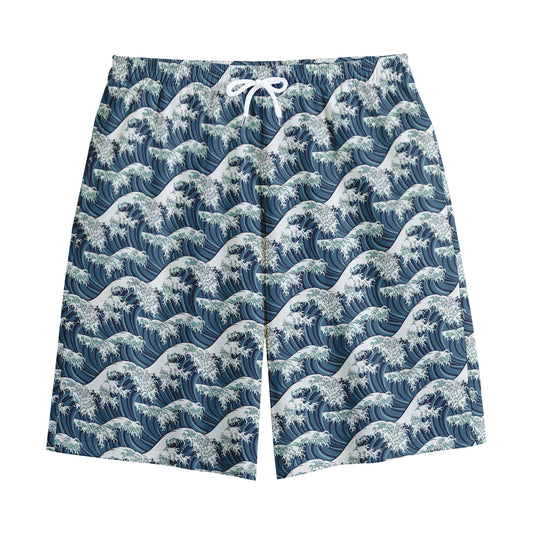 The Great Kanagawa Wave Pattern Print Cotton Shorts