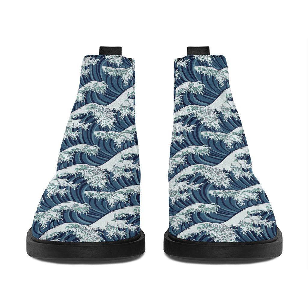 The Great Kanagawa Wave Pattern Print Flat Ankle Boots