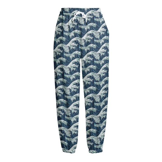 The Great Kanagawa Wave Pattern Print Fleece Lined Knit Pants