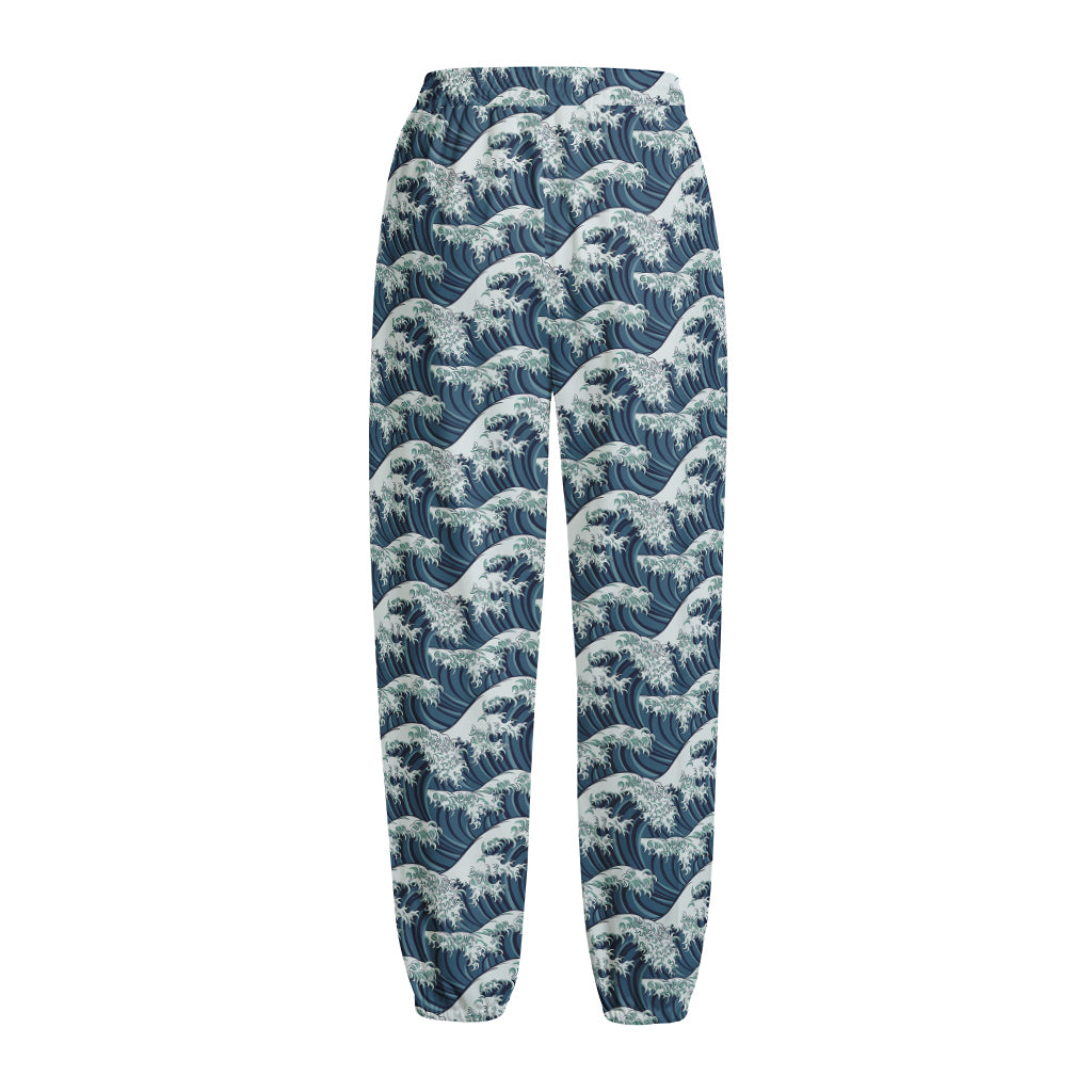 The Great Kanagawa Wave Pattern Print Fleece Lined Knit Pants
