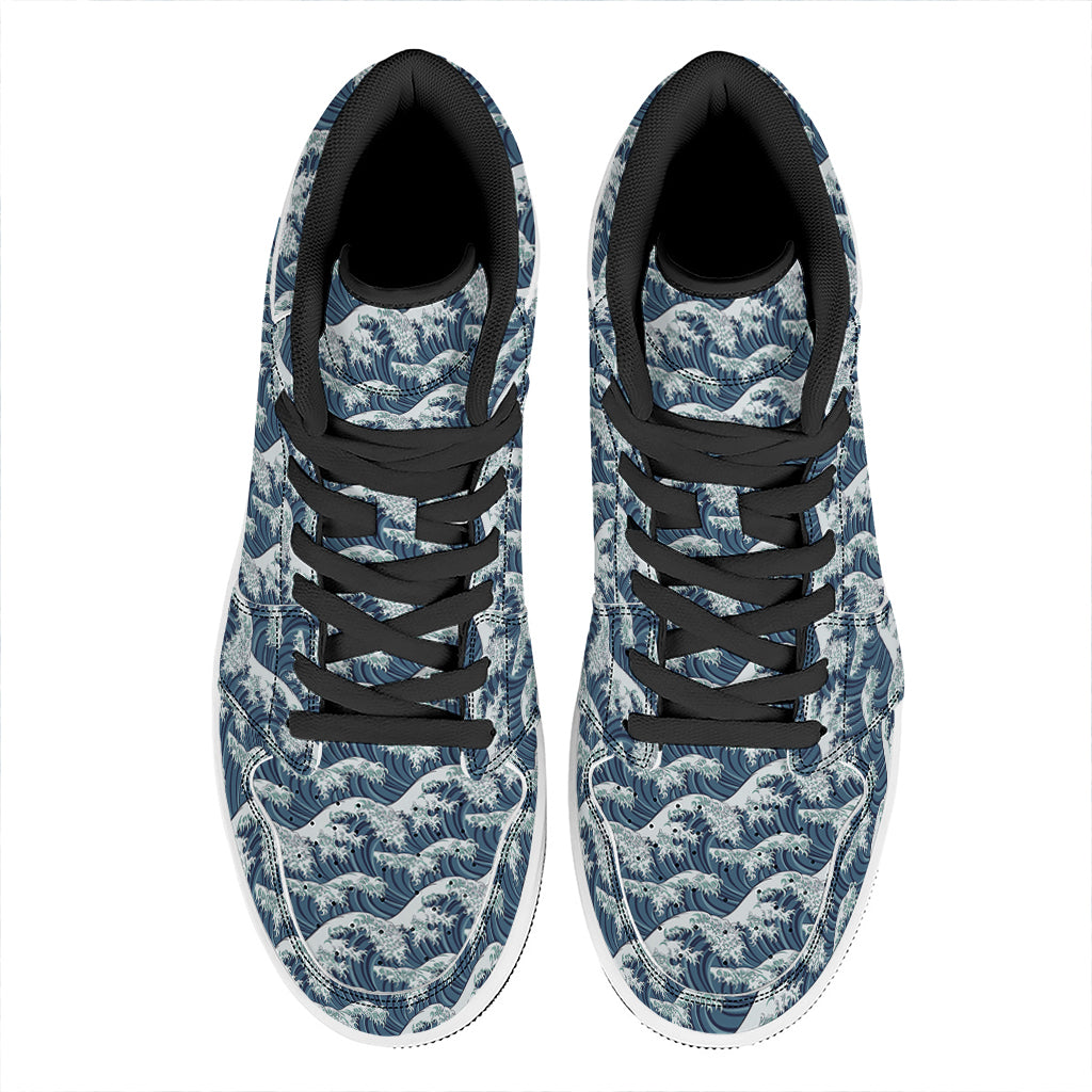 The Great Kanagawa Wave Pattern Print High Top Leather Sneakers