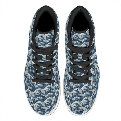 The Great Kanagawa Wave Pattern Print High Top Leather Sneakers