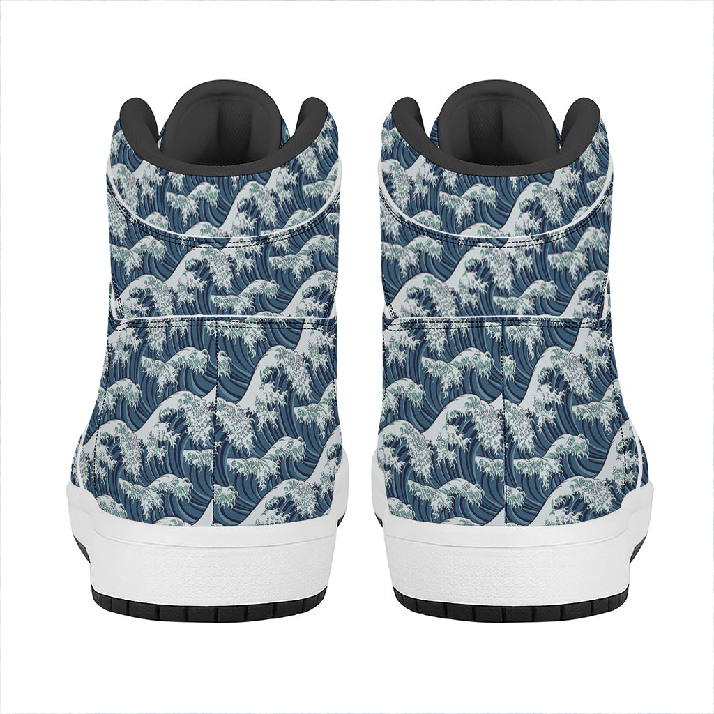 The Great Kanagawa Wave Pattern Print High Top Leather Sneakers
