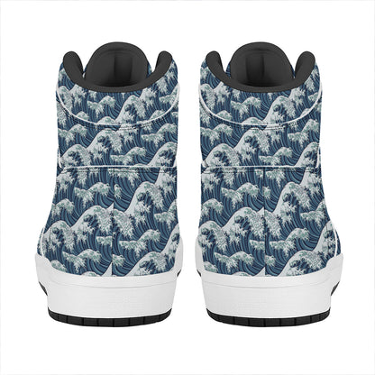 The Great Kanagawa Wave Pattern Print High Top Leather Sneakers