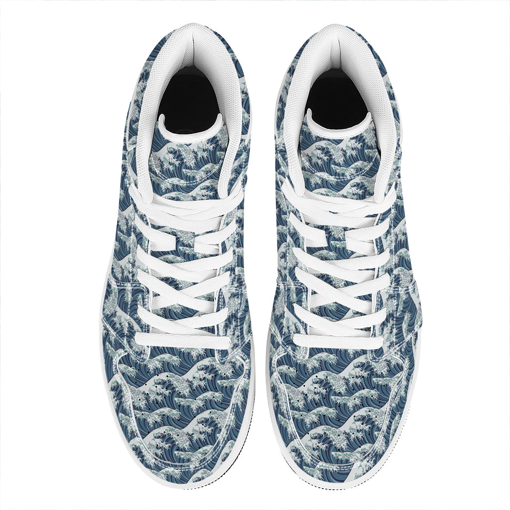 The Great Kanagawa Wave Pattern Print High Top Leather Sneakers