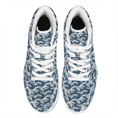 The Great Kanagawa Wave Pattern Print High Top Leather Sneakers