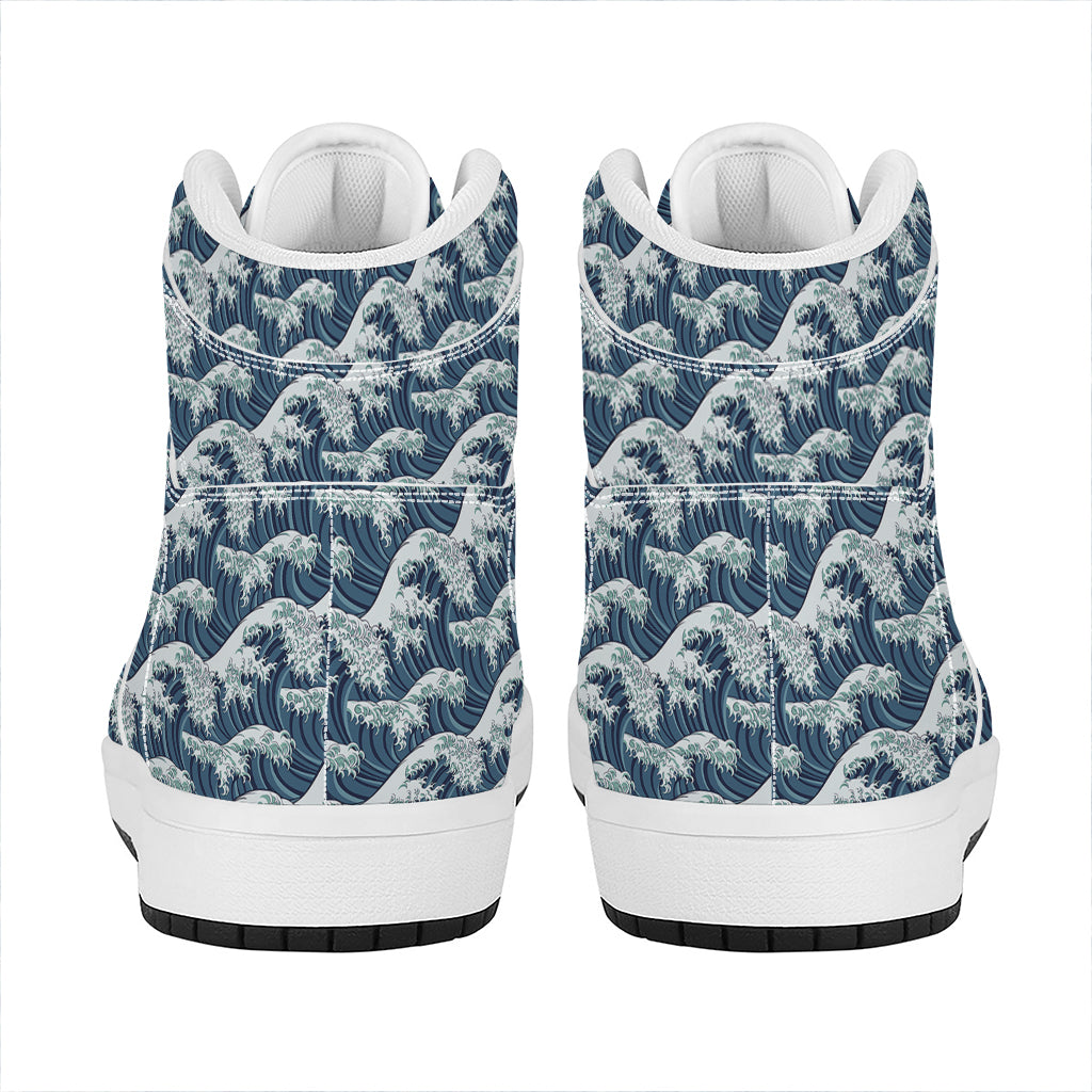 The Great Kanagawa Wave Pattern Print High Top Leather Sneakers