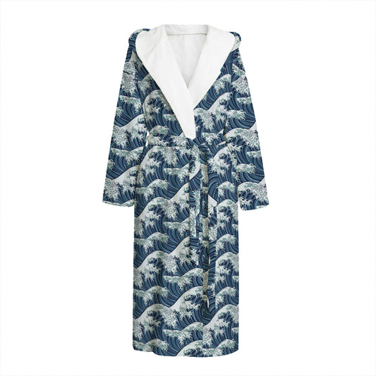 The Great Kanagawa Wave Pattern Print Hooded Bathrobe