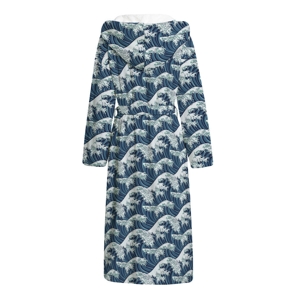 The Great Kanagawa Wave Pattern Print Hooded Bathrobe