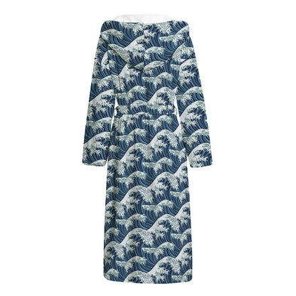 The Great Kanagawa Wave Pattern Print Hooded Bathrobe
