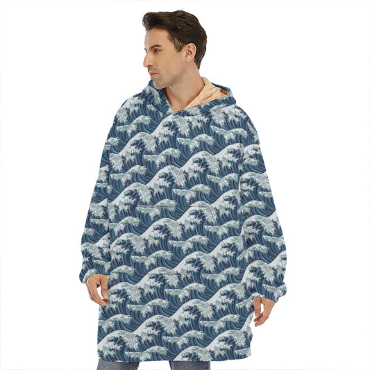 The Great Kanagawa Wave Pattern Print Hoodie Blanket