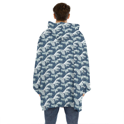 The Great Kanagawa Wave Pattern Print Hoodie Blanket
