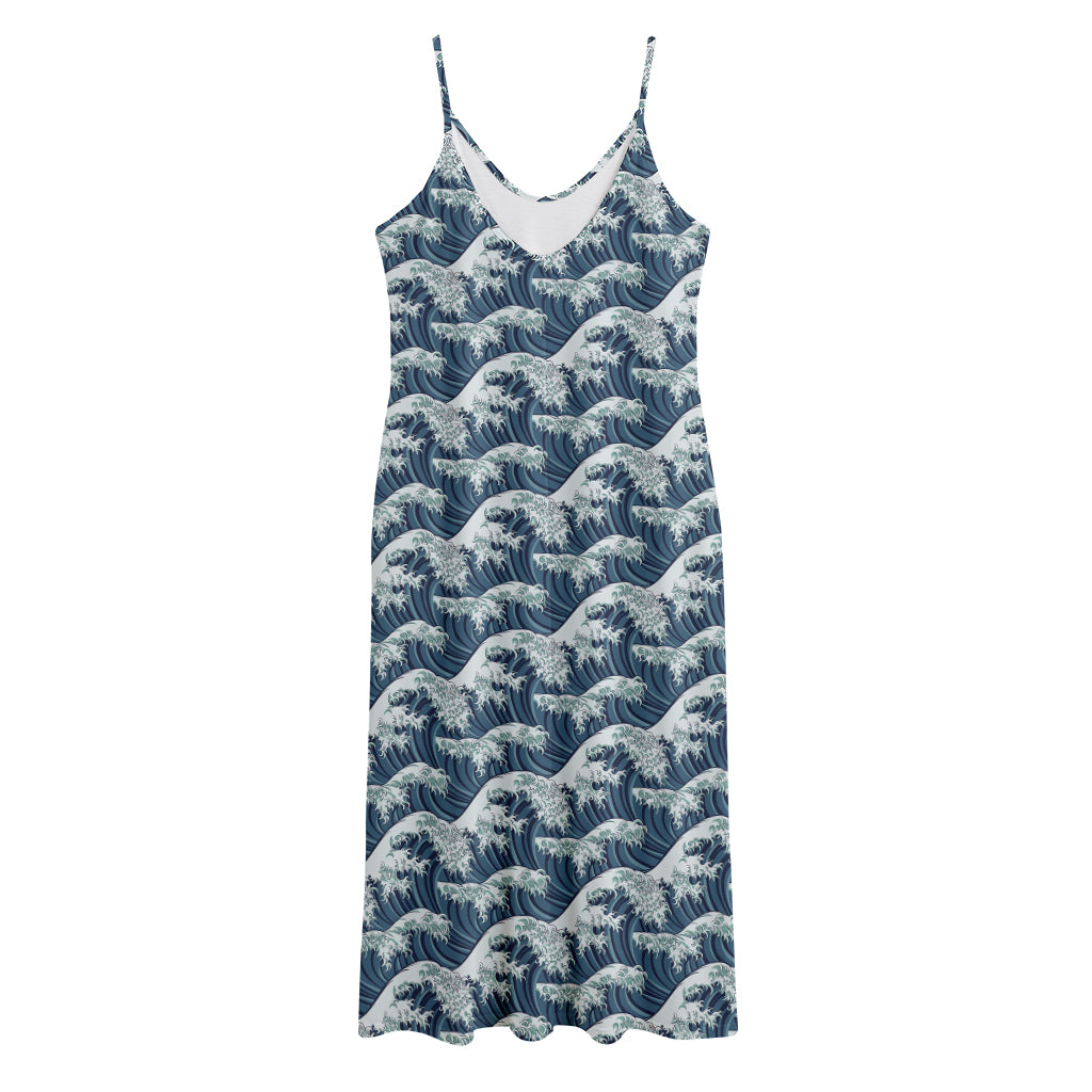 The Great Kanagawa Wave Pattern Print Jersey Midi Cami Dress