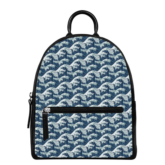The Great Kanagawa Wave Pattern Print Leather Backpack
