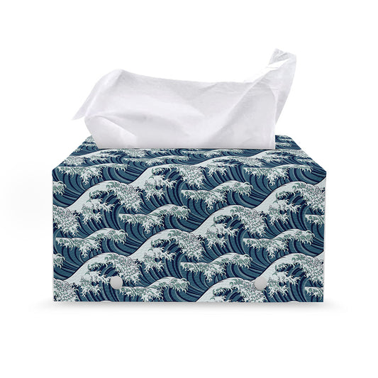 The Great Kanagawa Wave Pattern Print Leather Tissue Box Cover