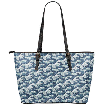 The Great Kanagawa Wave Pattern Print Leather Tote Bag