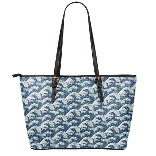 The Great Kanagawa Wave Pattern Print Leather Tote Bag