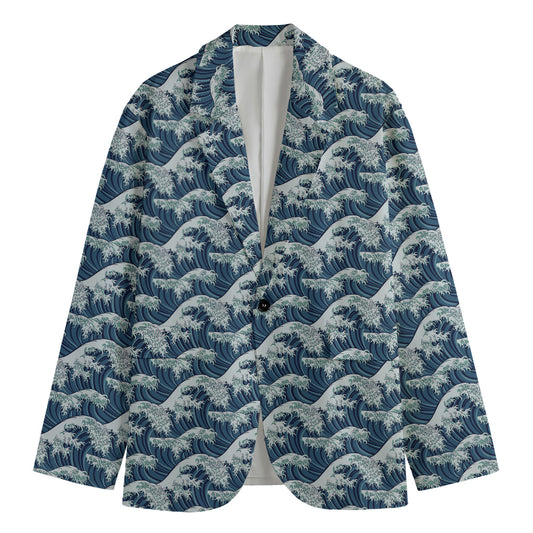 The Great Kanagawa Wave Pattern Print Men's Cotton Blazer