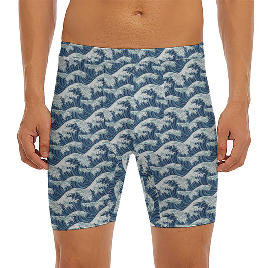 The Great Kanagawa Wave Pattern Print Men's Long Boxer Briefs