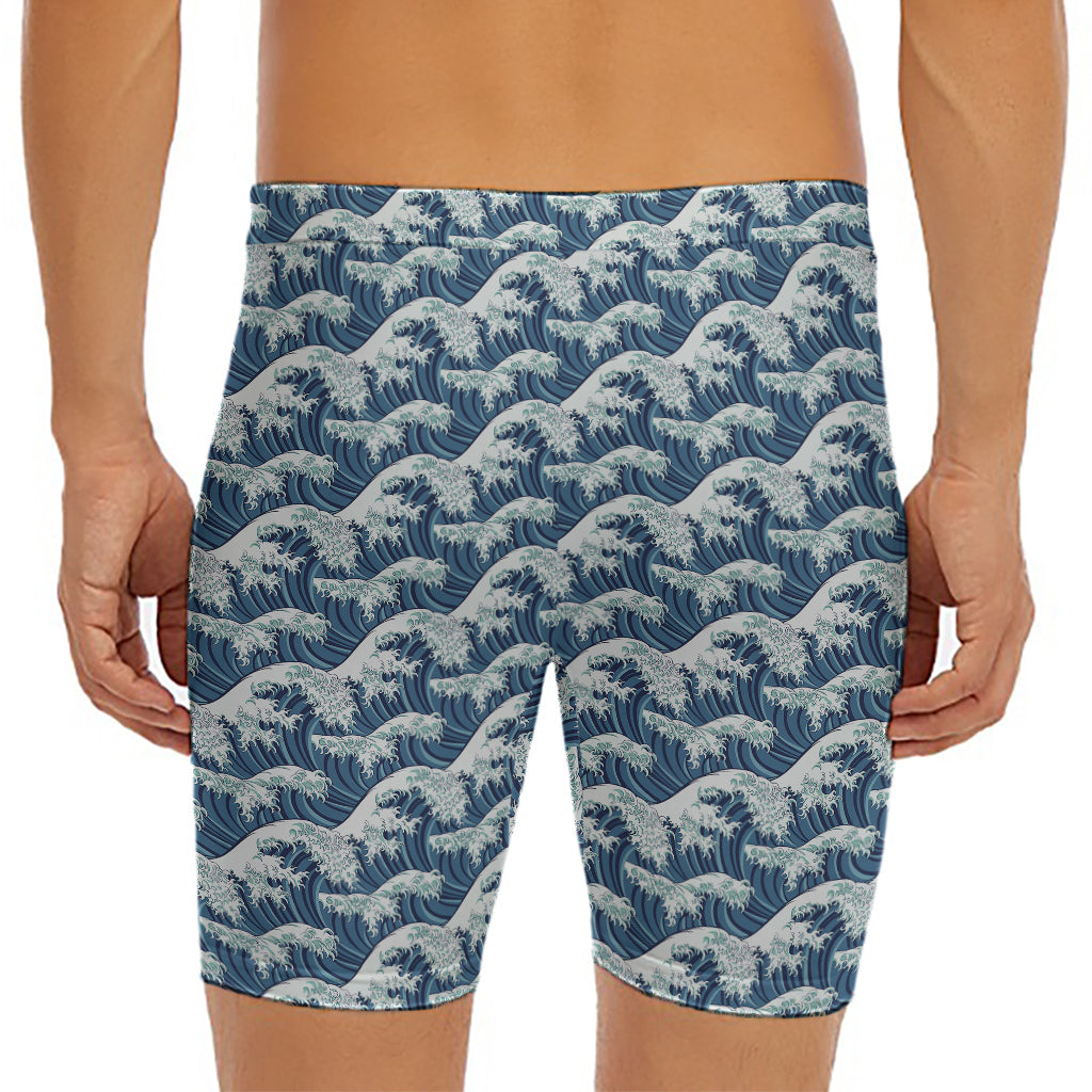 The Great Kanagawa Wave Pattern Print Men's Long Boxer Briefs